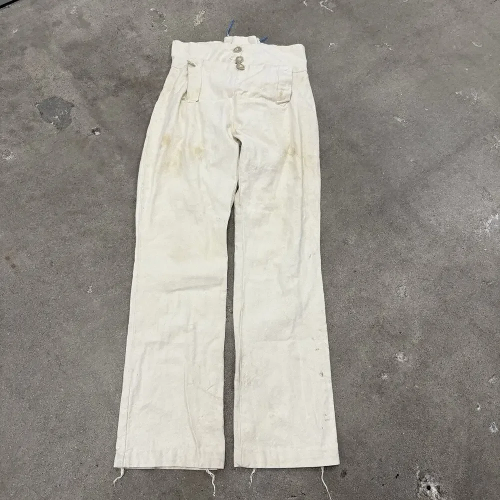 Vintage 1930s French Linen Sailor Fall Front Ivory Pants 29x31.5 Back Lace Up